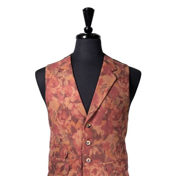 Mens Floral Vest 42R Rust Red Orange Lambswool Waistcoat Formal Wedding Party - Picture 4 of 10